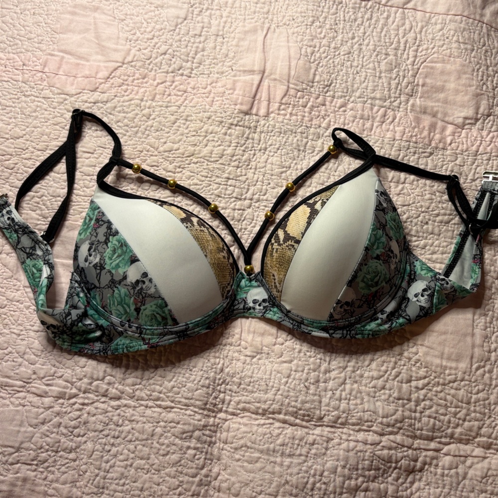 Floral and Skull Print Bra with Strappy Design
